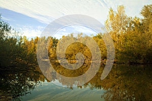 October forest reflected in the calm waters of a lake makes a mirror effect