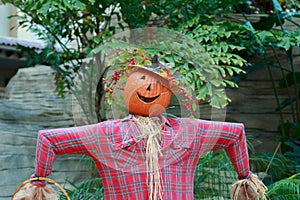 An October Halloween scene showing a scare crow with a pumpkin head.