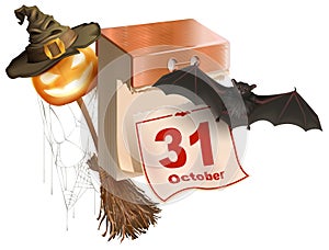 October 31 holiday of Halloween. Tear-off calendar. Halloween accessory pumpkin lantern, bat, broom, spider web, hat