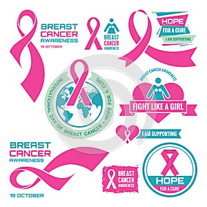 19 October - International Day of Breast Cancer - creative vector badges set. Breast cancer awareness. Hope for a cure. photo