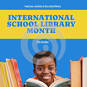 This october, international school library month text and african american smiling boy reading book