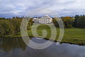 October landscape with Pavlovsk Palace on a cloudy day (shooting from a quadcopter)