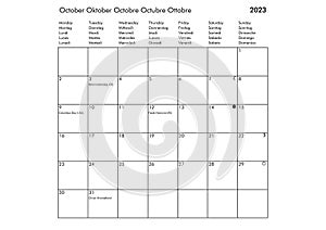 October Multilingual year 2023 calendar