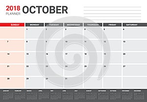 October 2018 planner calendar vector illustration