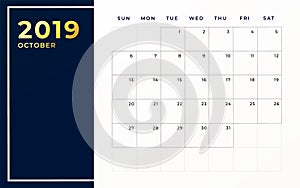 Octubre 2019 plan plantilla. una semana comienza sobre el domingo vacío calendario un mes 