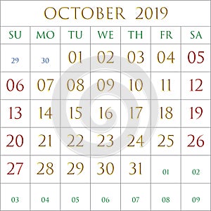 October 2019 square on white