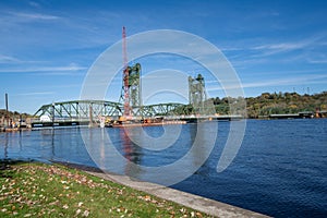 Flooded Lowell Park and the Stillwater Lift Bridge under construction