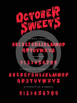October Sweets is a unique font for Halloween, hand-drawn with blood stains. English alphabet and numbers with alternative
