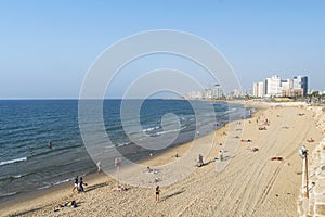 October, 21, 2018 - Tel-Aviv, Israel - Panoramic view of the Tel-Aviv public beach on Mediterranean sea, sandy coastline