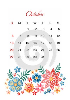 October. Vector calendar template for 2019 year with beautiful composition of embroidery flowers.