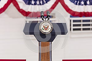 OCTOBER 13, 2016, Vice Presidential Seal and Empty Podium, awaiting Vice President Joe Biden Speech, Culinary Union, Las Vegas, Ne