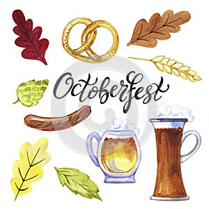 Octoberfest hand drawn watercolor lettering, festival symbols. Full glass and mug of beer with foam, barley, pretzel, sausage and