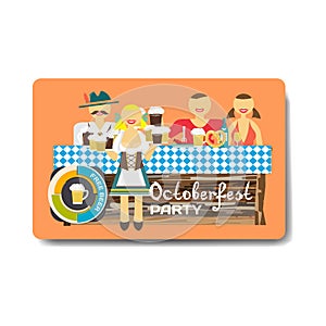 Octoberfest party flyer. Man and woman drinking beer with friend