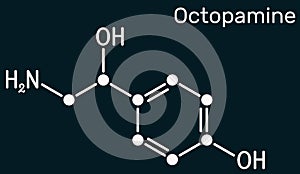 Octopamine molecule. It is biogenic phenylethanolamine, sympathomimetic drug. Skeletal chemical formula on the dark blue backgroun