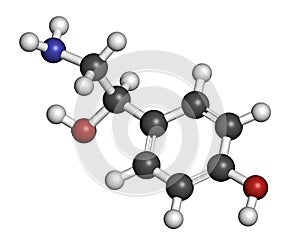 Octopamine stimulant drug molecule (sympathomimetic agent). Atoms are represented as spheres with conventional color coding:
