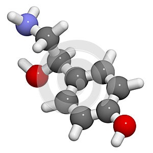 Octopamine stimulant drug molecule (sympathomimetic agent). Atoms are represented as spheres with conventional color coding: