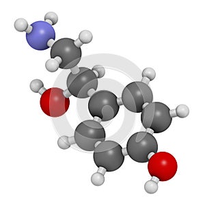 Octopamine stimulant drug molecule (sympathomimetic agent). Atoms are represented as spheres with conventional color coding: