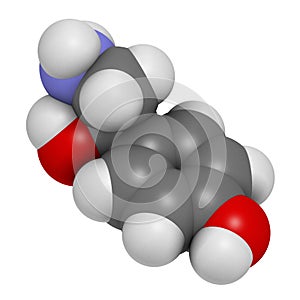 Octopamine stimulant drug molecule (sympathomimetic agent). Atoms are represented as spheres with conventional color coding: