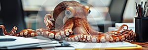Octopus analyzing data and notes on office desktop
