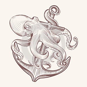 Octopus with anchor. Sketch sea kraken squid holding ship anchor. Octopus navy tattoo vector vintage design