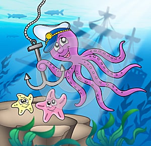 Octopus with anchor and starfishes