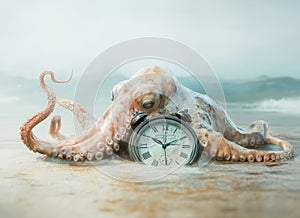 octopus on the beach with a clock
