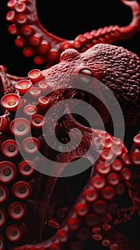 Octopus on black background. Close up view of octopus tentacles