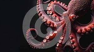 Octopus on black background. Close up view of octopus tentacles