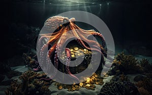 Octopus at the bottom of the sea guards a treasure chest, gold coins