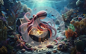 Octopus at the bottom of the sea guards a treasure chest, gold coins