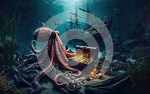 Octopus at the bottom of the sea guards a treasure chest, gold coins