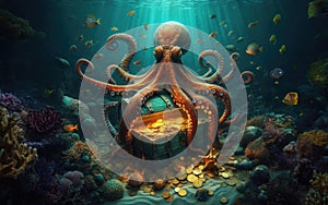 Octopus at the bottom of the sea guards a treasure chest, gold coins