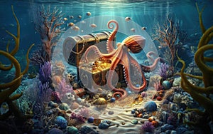 Octopus at the bottom of the sea guards a treasure chest, gold coins