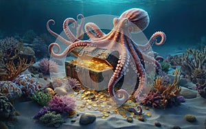 Octopus at the bottom of the sea guards a treasure chest, gold coins