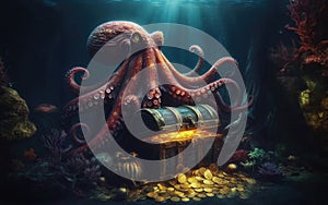 Octopus at the bottom of the sea guards a treasure chest, gold coins