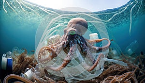 Octopus at the bottom of the sea tangled in plastic. Polluted sea. Environmental pollution