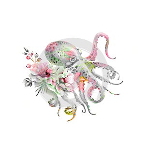 Octopus with a bouquet of delicate flowers