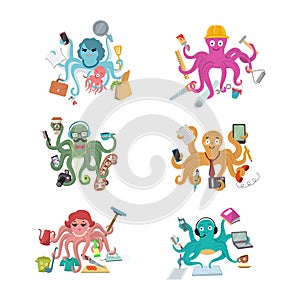 Octopus in business vector illustration octopi character of businessman constructor or housewife doing multiple tasks