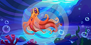 Octopus cartoon character swimming underwater.