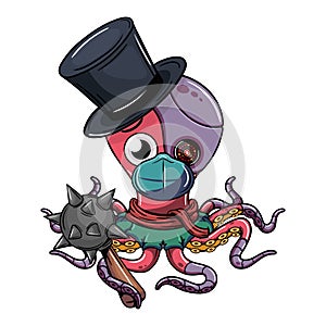 Octopus cartoon comic cyborg with a top hat, a mask and a war mace in his robotic tentacle. Illustration for fantasy, science