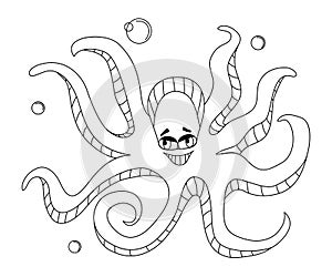 Octopus. Cartoon funny sea character. Coloring book for children. An underwater monster with tentacles and cute smile. Contour