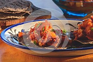 Octopus Ceviche on Blue Corn Tostadas, Mexican Seafood Dish