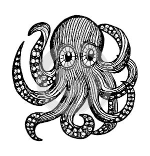 Octopus Character - hand drawn sketch in vintage style