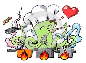 Octopus chef making meal cartoon style