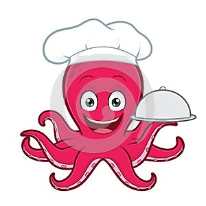 Octopus chef serving food in a sliver platter