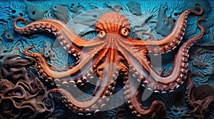 Octopus close-up underwater life. Tentacles of octopus texture. Macro background. AI illustration