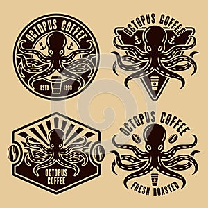 Octopus coffee set of four vector emblems, badges or logo concepts in vintage style illustration