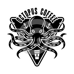 Octopus coffee vector logo concept in vintage black and white style isolated