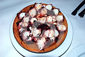 Octopus cooked Galician style cut and served on the original wooden plate, seasoned with salt, oil and paprika