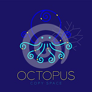 Octopus and Coral logo icon outline stroke set dash line design illustration blue and yellow color isolated on dark blue